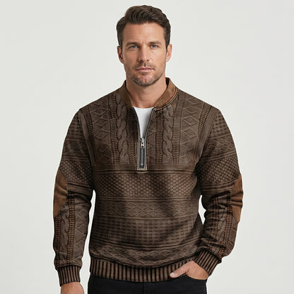 Herren-Strickpullover mit Muster, halbem Reißverschluss und Ellbogen-Patches-Sweaters for men-Alpenkind