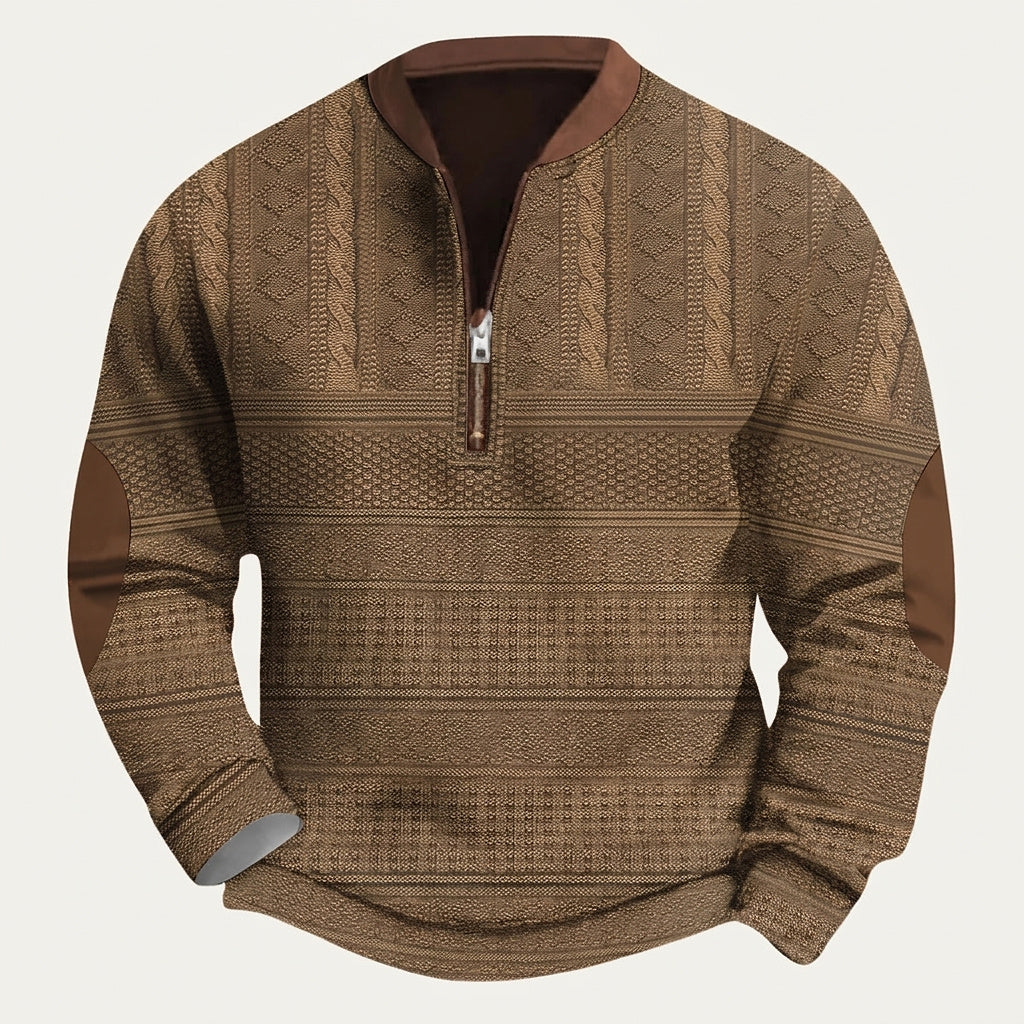 Herren-Strickpullover mit Muster, halbem Reißverschluss und Ellbogen-Patches-Sweaters for men-Alpenkind