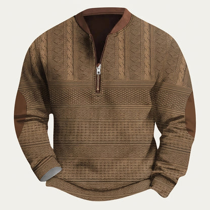 Herren-Strickpullover mit Muster, halbem Reißverschluss und Ellbogen-Patches-Sweaters for men-Alpenkind