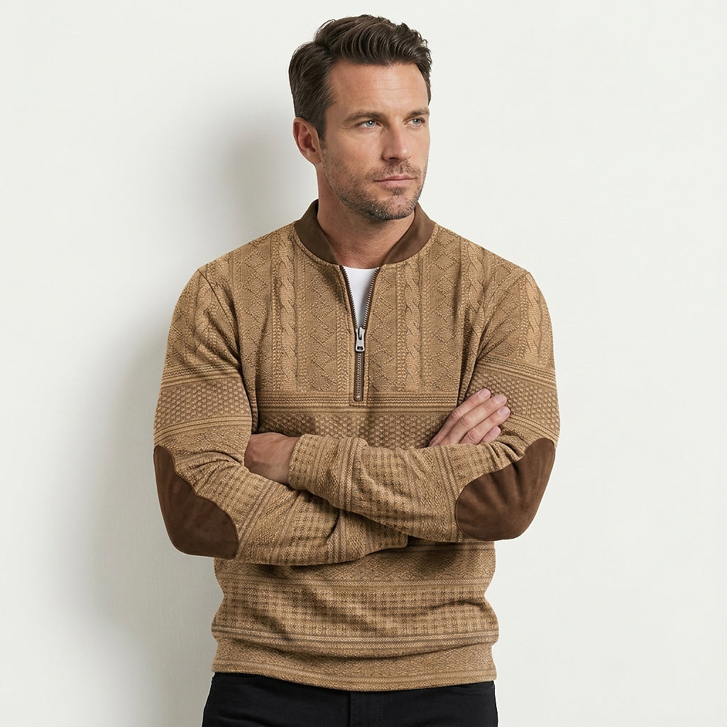 Herren-Strickpullover mit Muster, halbem Reißverschluss und Ellbogen-Patches-Sweaters for men-Alpenkind