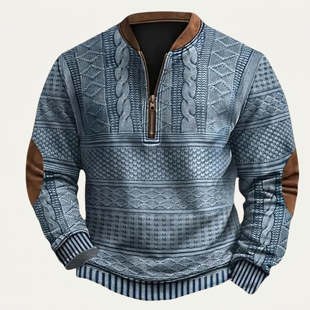 Herren-Strickpullover mit Muster, halbem Reißverschluss und Ellbogen-Patches-Sweaters for men-Alpenkind