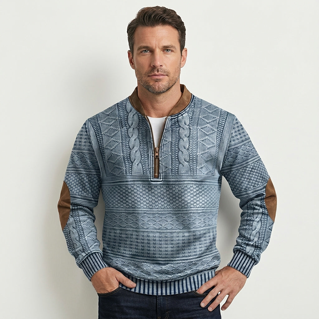Herren-Strickpullover mit Muster, halbem Reißverschluss und Ellbogen-Patches-Sweaters for men-Alpenkind
