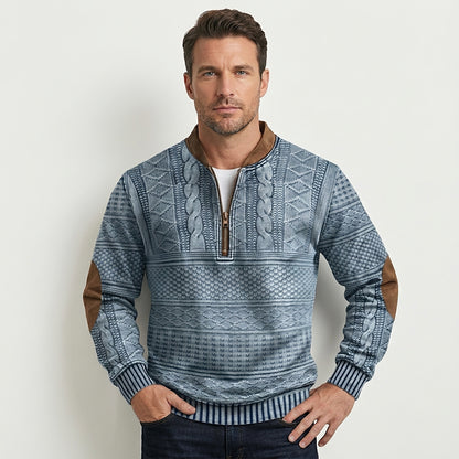 Herren-Strickpullover mit Muster, halbem Reißverschluss und Ellbogen-Patches-Sweaters for men-Alpenkind