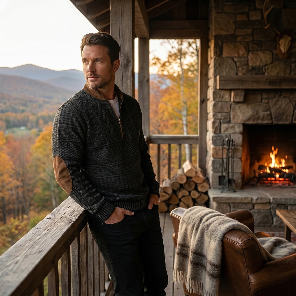 Herren-Strickpullover mit Muster, halbem Reißverschluss und Ellbogen-Patches-Sweaters for men-Alpenkind