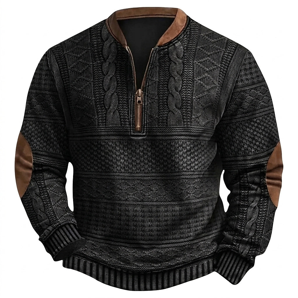 Herren-Strickpullover mit Muster, halbem Reißverschluss und Ellbogen-Patches-Sweaters for men-Alpenkind