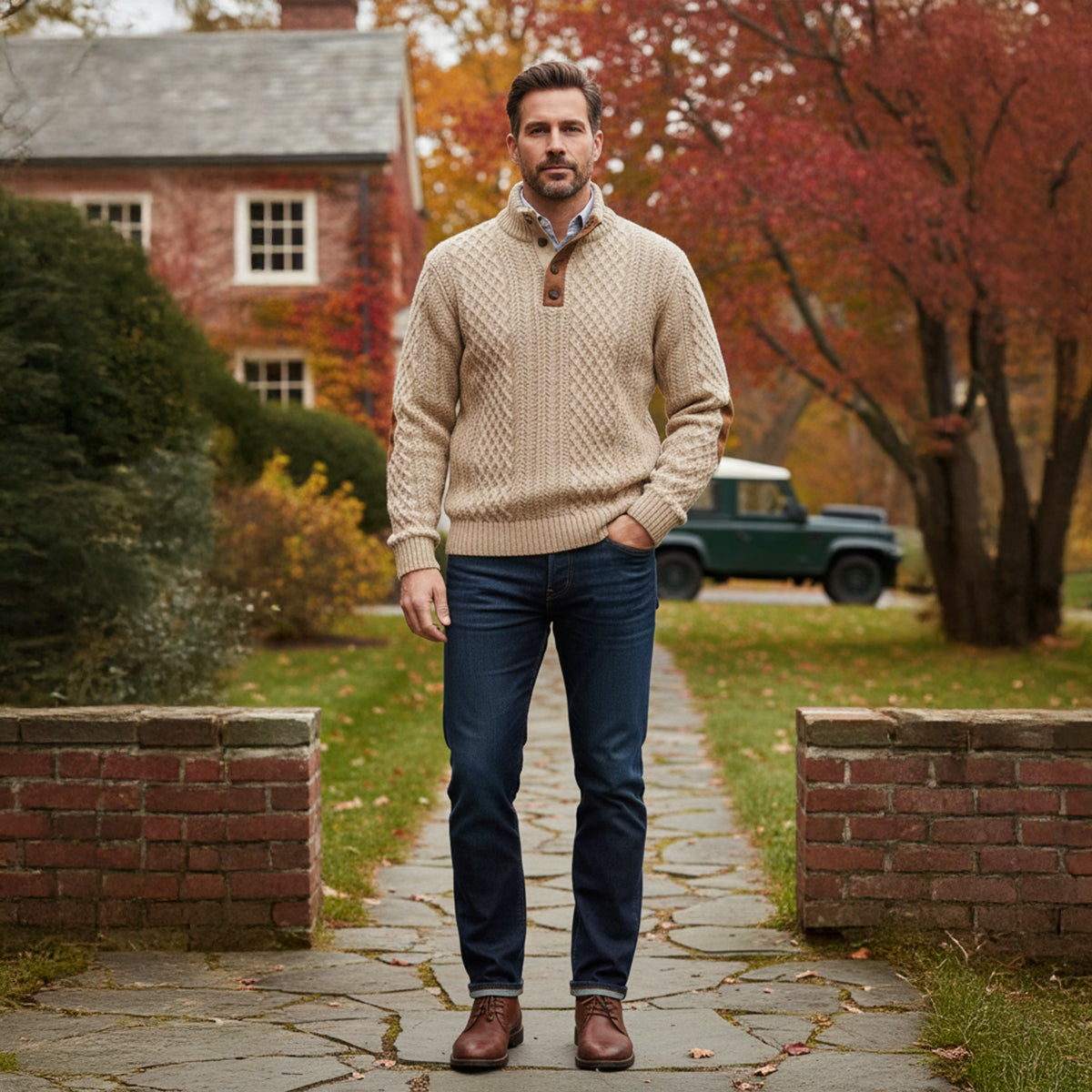 Herren-Strickpullover mit Zopfmuster und Knopfleiste-Sweaters for men-Alpenkind