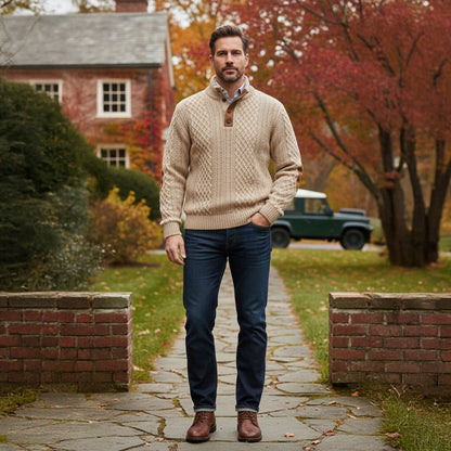 Herren-Strickpullover mit Zopfmuster und Knopfleiste-Sweaters for men-Alpenkind