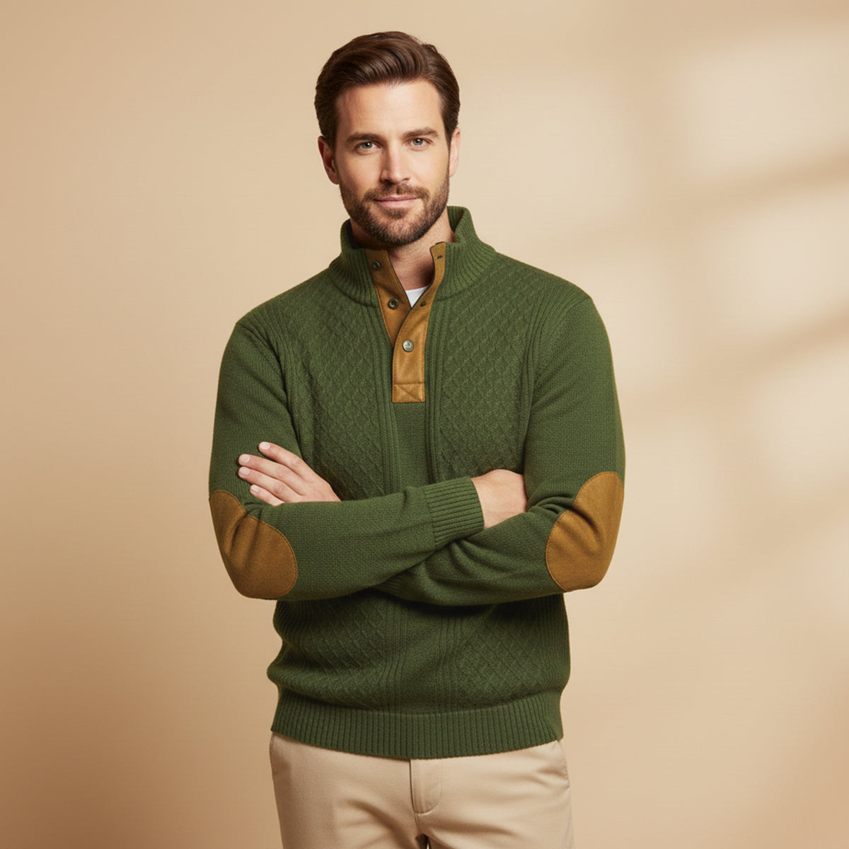 Herren-Strickpullover mit Zopfmuster und Knopfleiste-Sweaters for men-Alpenkind