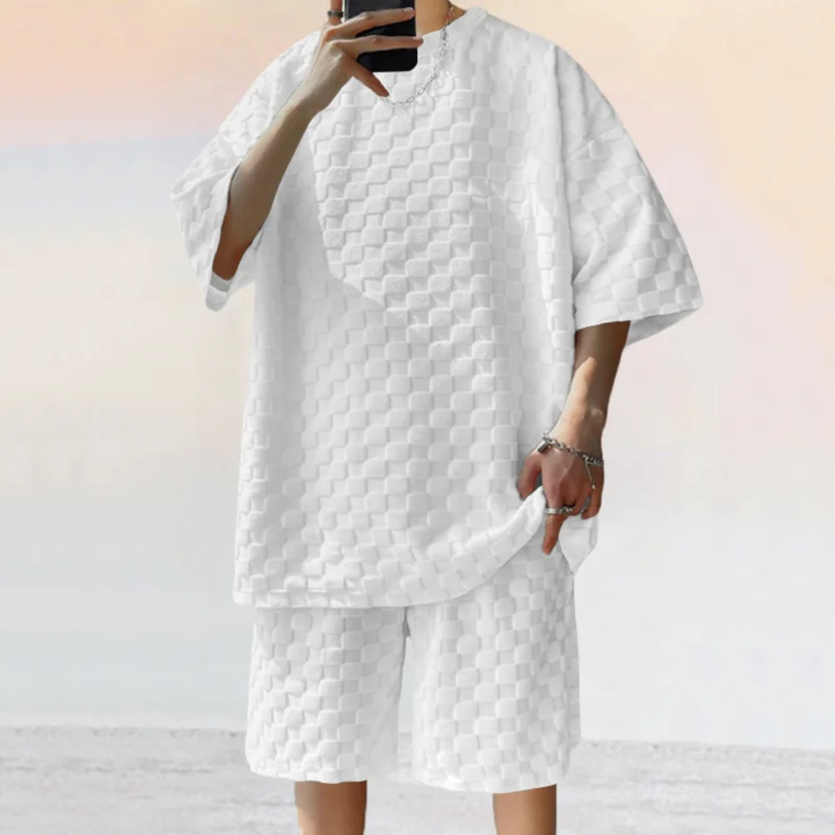 Herren Strukturmuster Kurzarm-Set mit Rundhalsausschnitt-Shirts for men-Alpenkind