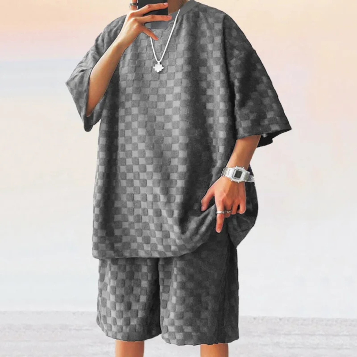 Herren Strukturmuster Kurzarm-Set mit Rundhalsausschnitt-Shirts for men-Alpenkind