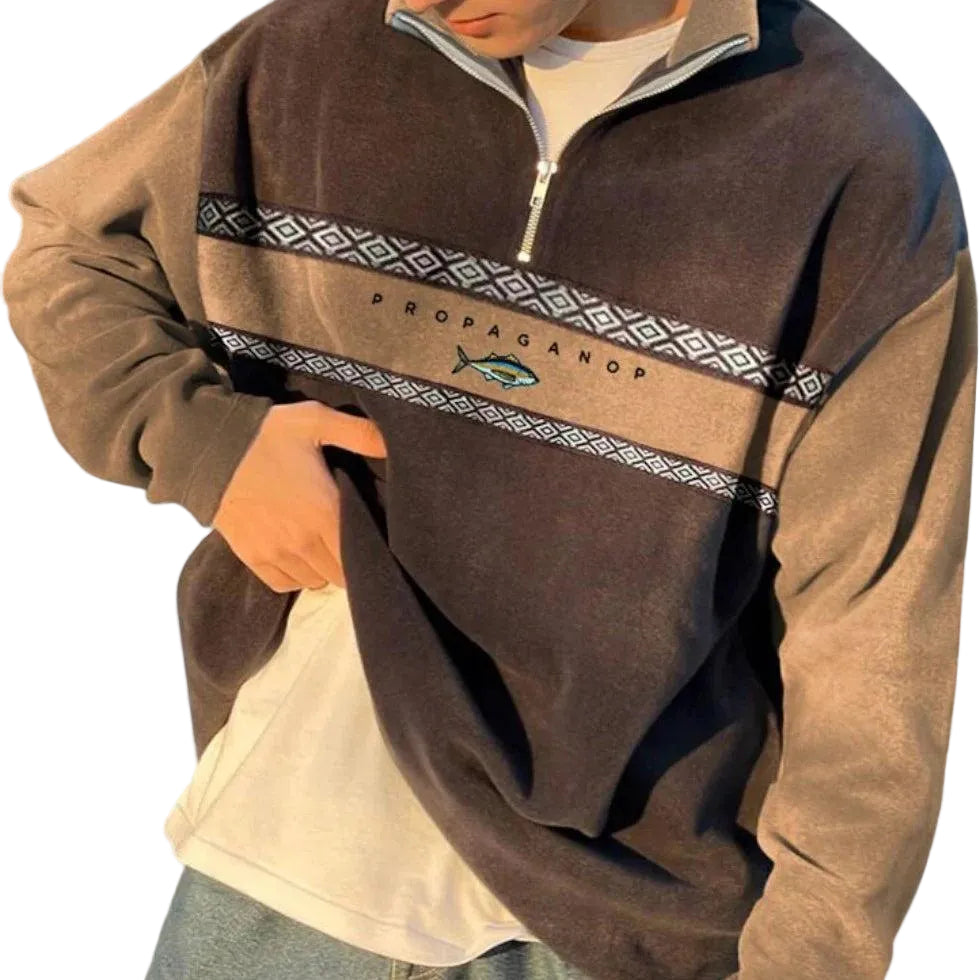 Herren Sweatshirt mit Halb-Reißverschluss und Musterpanel-Men Sweaters-Alpenkind
