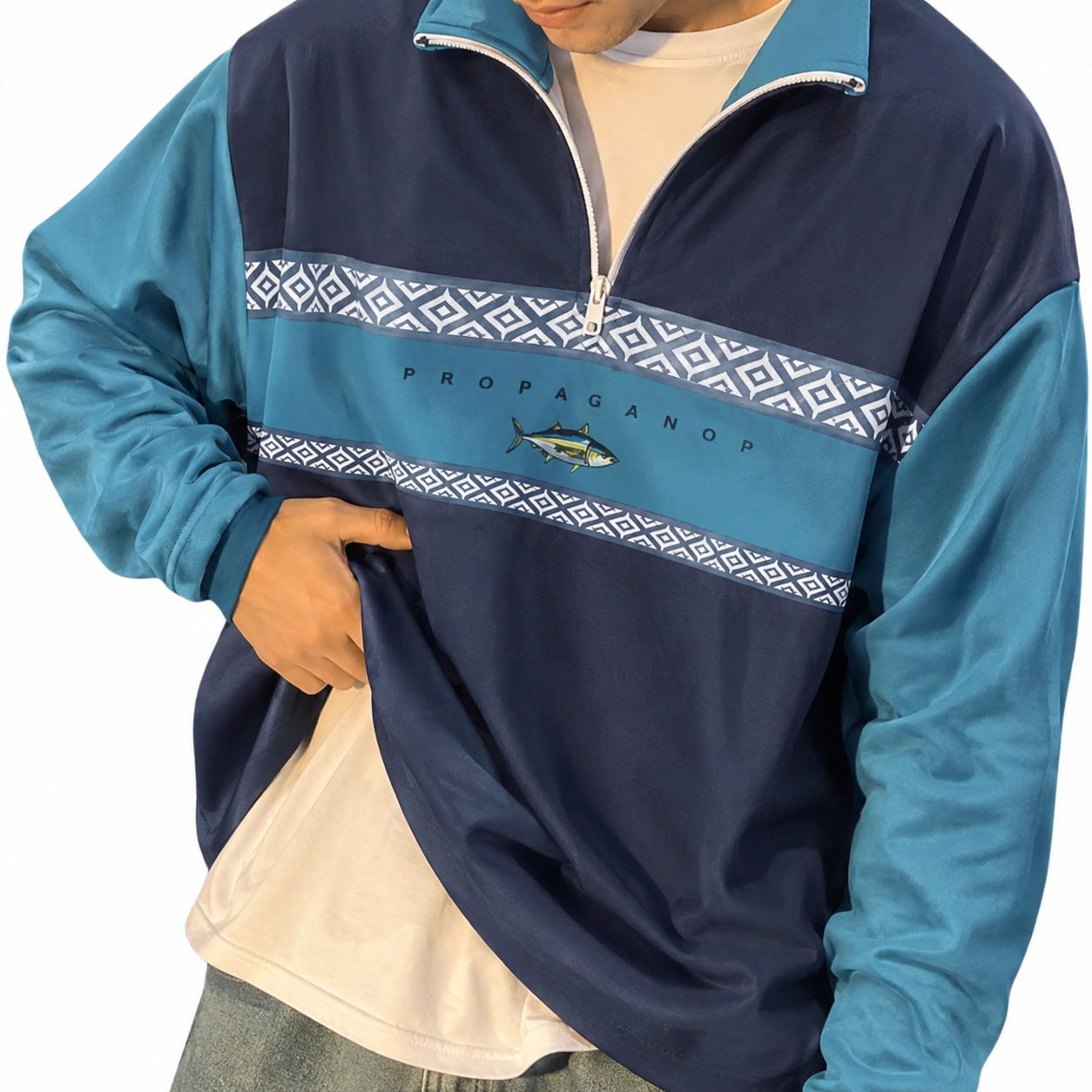 Herren Sweatshirt mit Halb-Reißverschluss und Musterpanel-Men Sweaters-Alpenkind