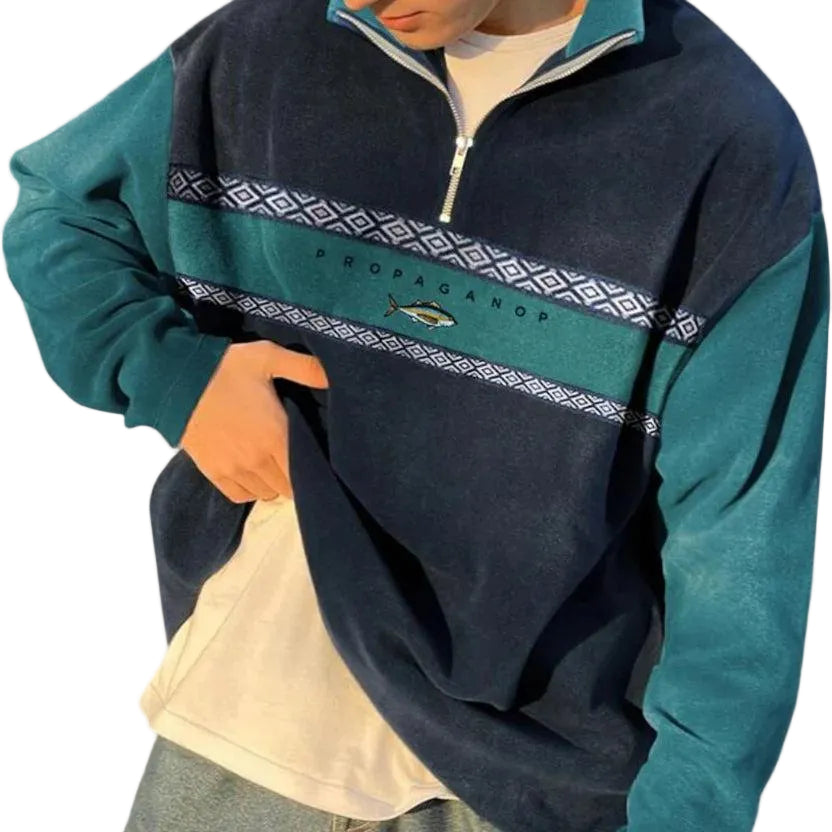 Herren Sweatshirt mit Halb-Reißverschluss und Musterpanel-Men Sweaters-Alpenkind