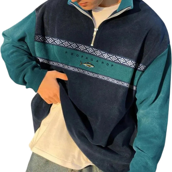 Herren Sweatshirt mit Halb-Reißverschluss und Musterpanel-Men Sweaters-Alpenkind