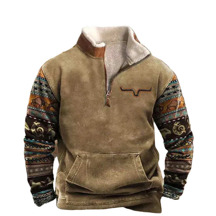 Herren Sweatshirt mit Viertelreißverschluss und Muster-Men Sweaters-Alpenkind