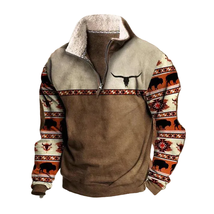 Herren Sweatshirt mit Viertelreißverschluss und Muster-Men Sweaters-Alpenkind