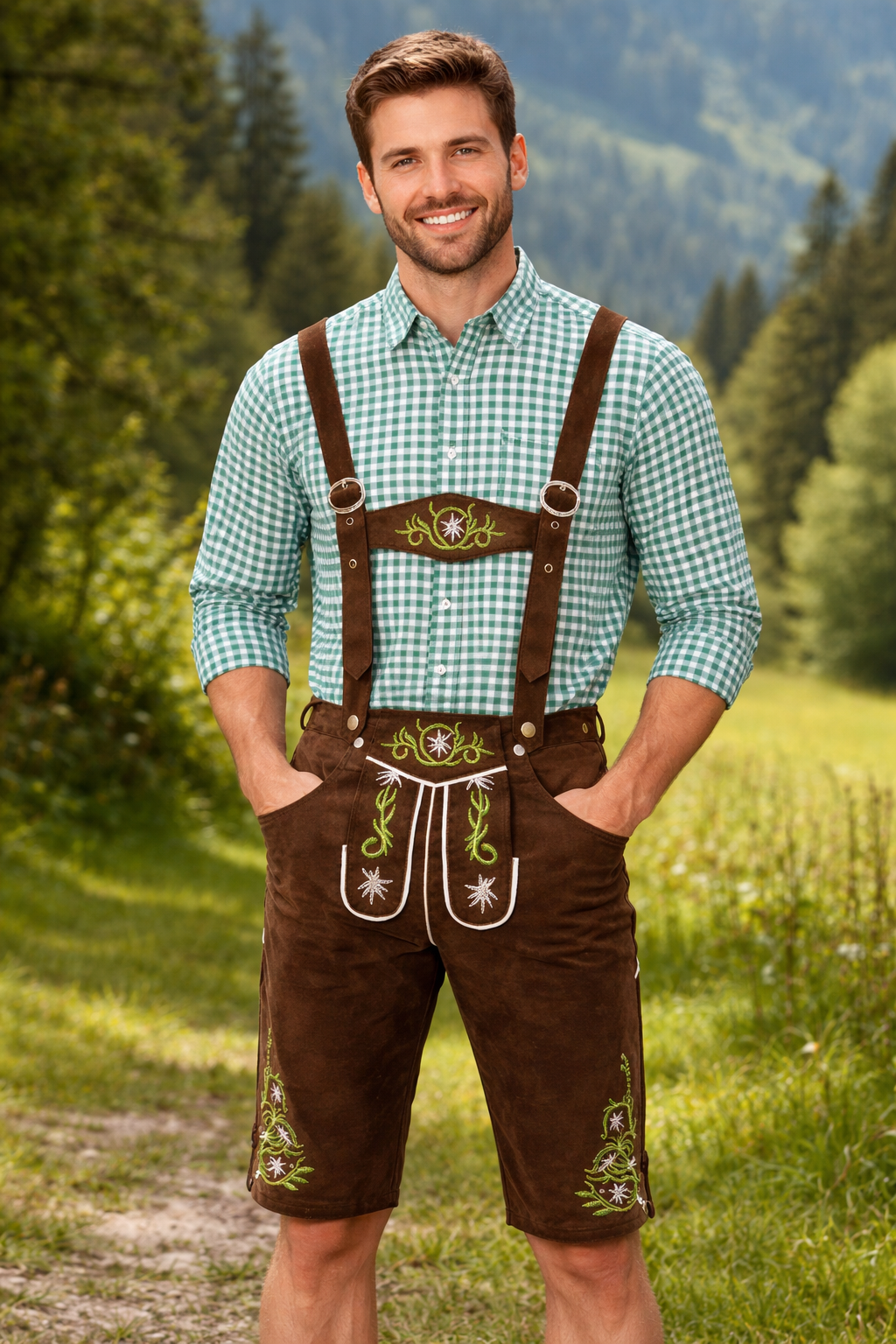 Herren Trachten Lederhose mit Hosenträgern und Kniebund-Men Tops-Alpenkind