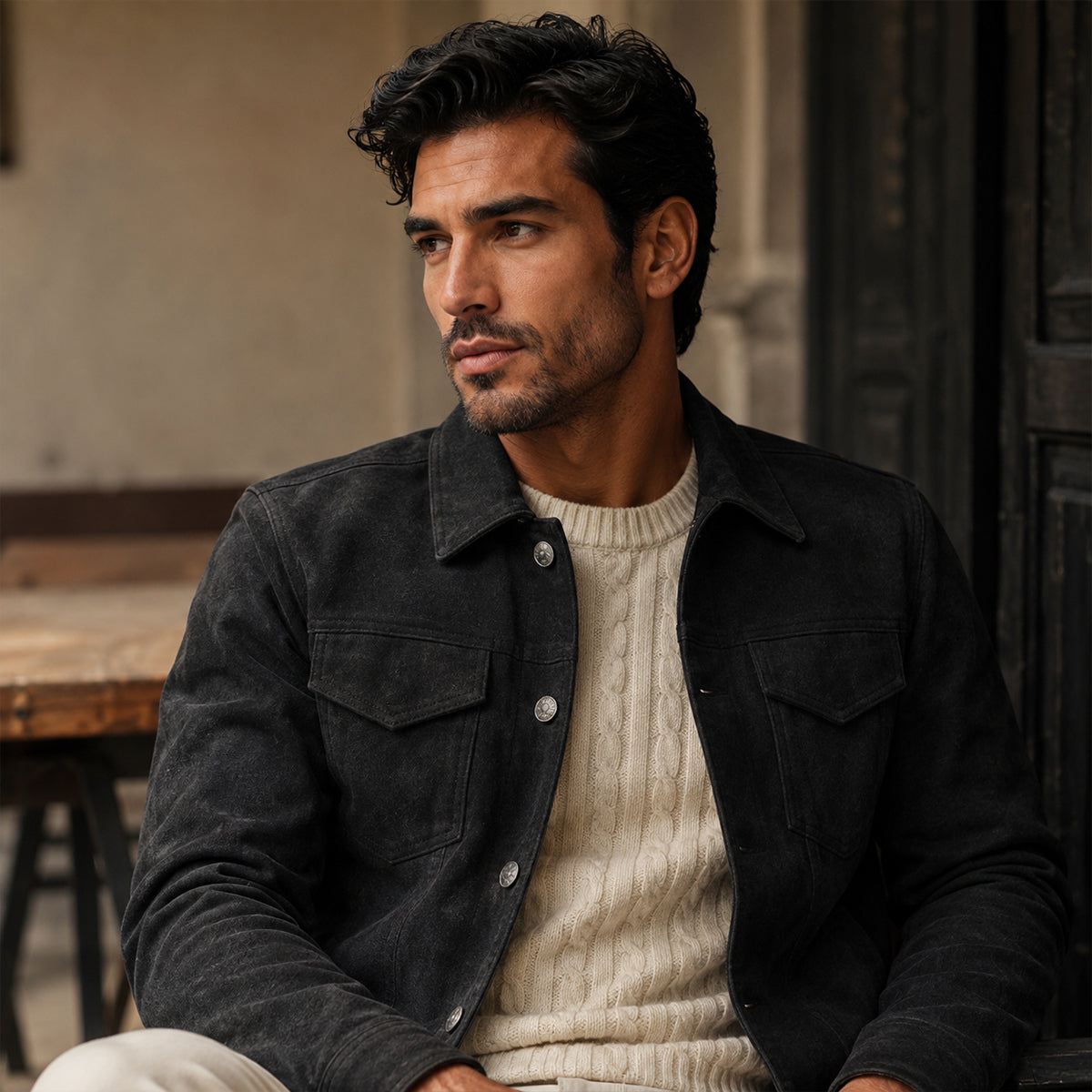Herren-Truckerjacke aus Wildlederimitat mit Druckknöpfen-Jackets for men-Alpenkind