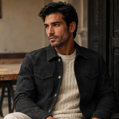 Herren-Truckerjacke aus Wildlederimitat mit Druckknöpfen-Jackets for men-Alpenkind