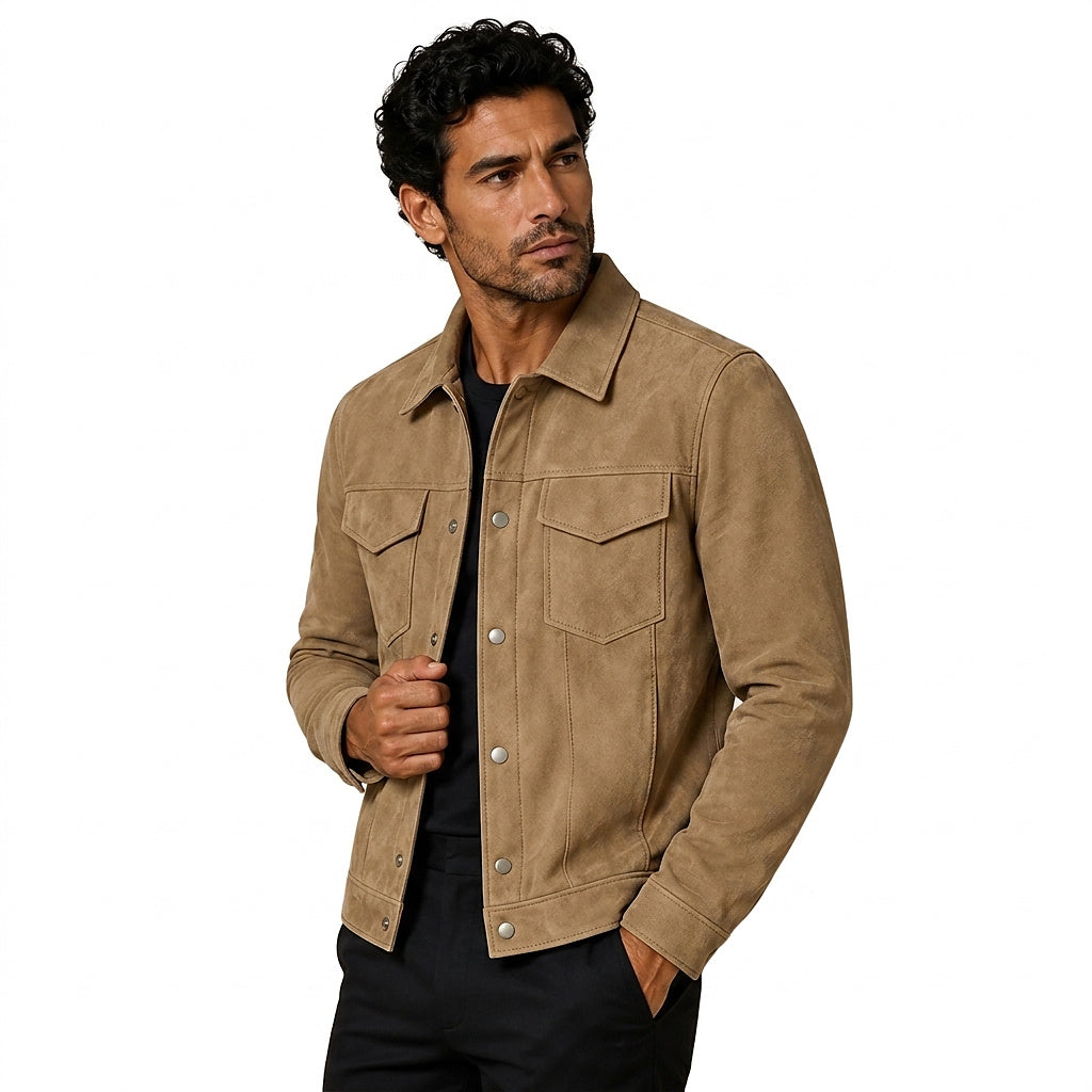 Herren-Truckerjacke aus Wildlederimitat mit Druckknöpfen-Jackets for men-Alpenkind