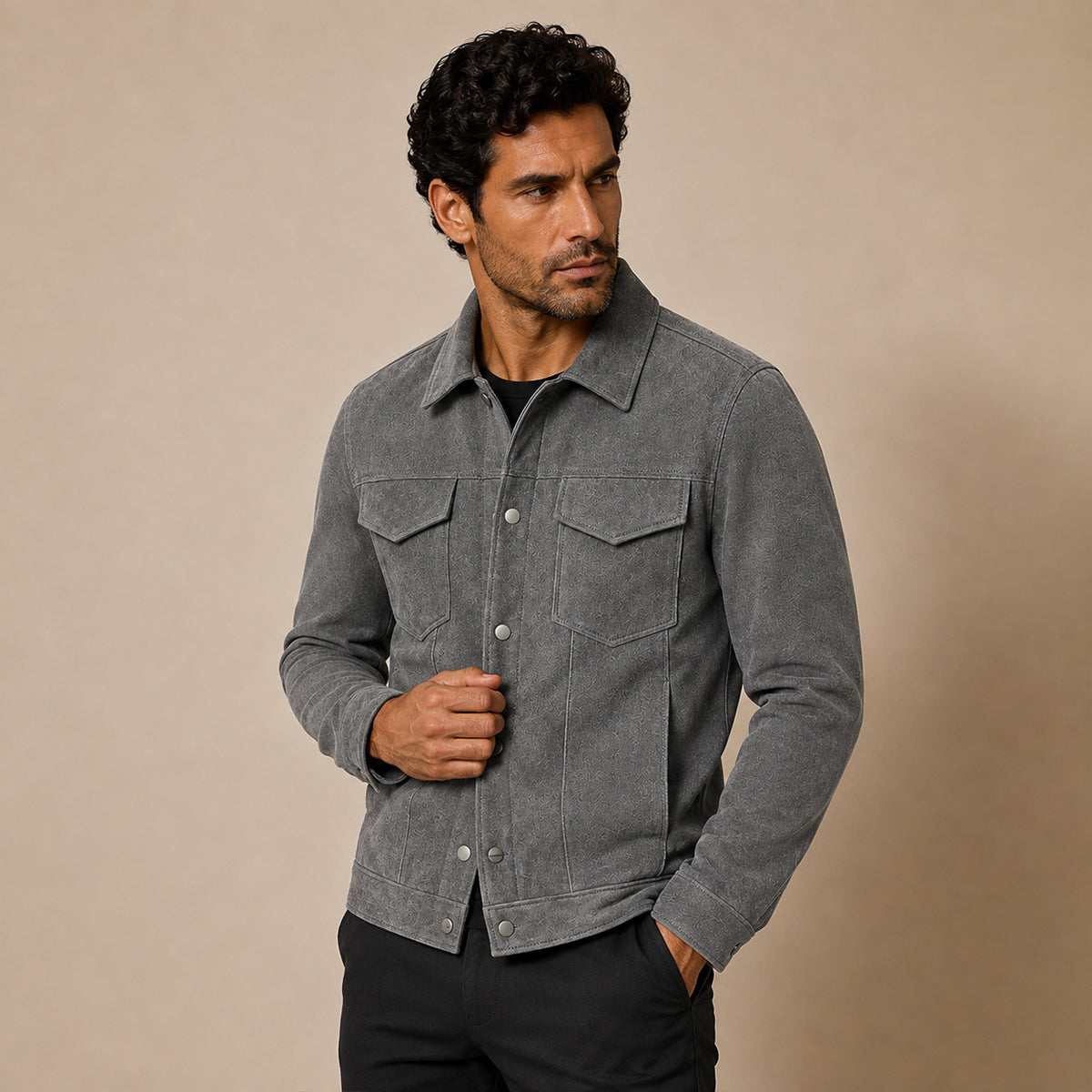 Herren-Truckerjacke aus Wildlederimitat mit Druckknöpfen-Jackets for men-Alpenkind
