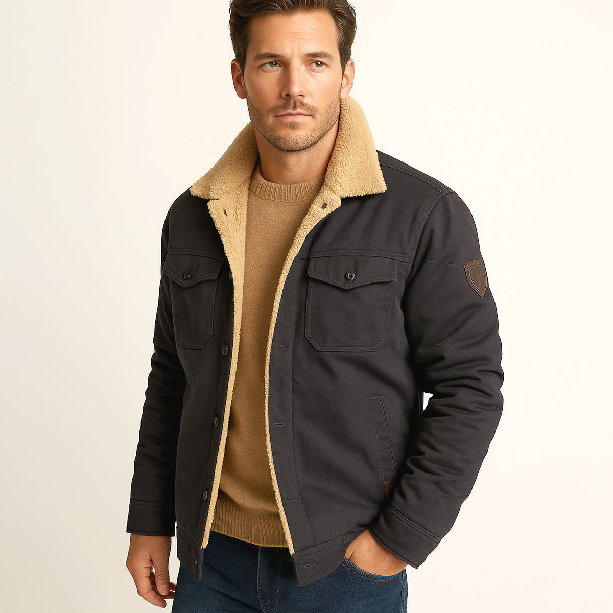 Herren-Utility-Jacke mit Fleecefutter und Knopfleiste-Jackets for men-Alpenkind