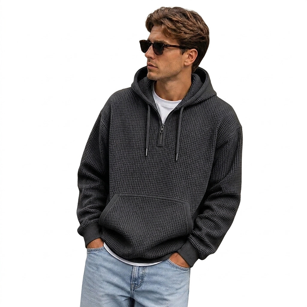 Herren Waffelstrick-Kapuzenpullover mit Viertelreißverschluss-Sweaters for men-Alpenkind