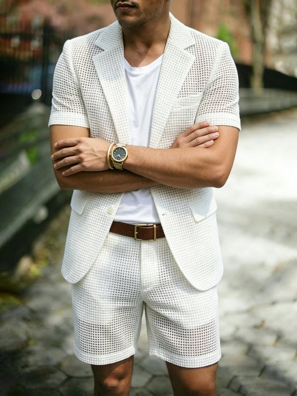 Herren-Zweiteiler mit Kurzarm-Sakko und Shorts in Gitteroptik-Sets for Men-Alpenkind