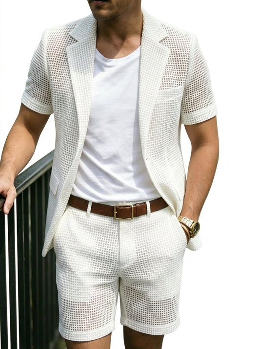 Herren-Zweiteiler mit Kurzarm-Sakko und Shorts in Gitteroptik-Sets for Men-Alpenkind