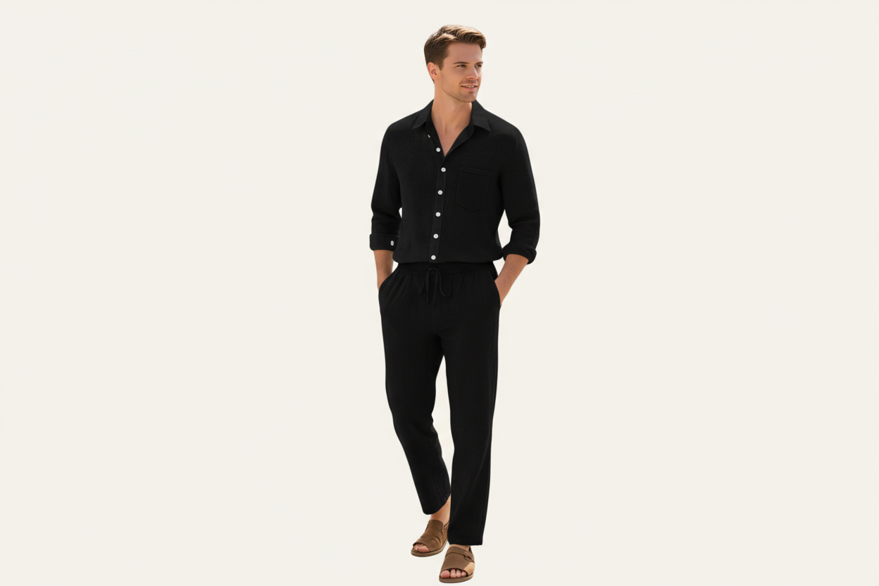 Herren Zweiteiler mit Langarmhemd und Hose mit strukturierter Oberfläche-Shirts for men-Alpenkind