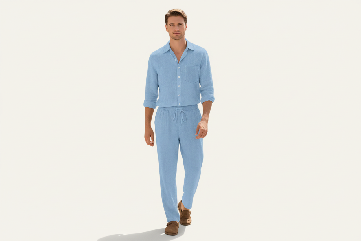 Herren Zweiteiler mit Langarmhemd und Hose mit strukturierter Oberfläche-Shirts for men-Alpenkind