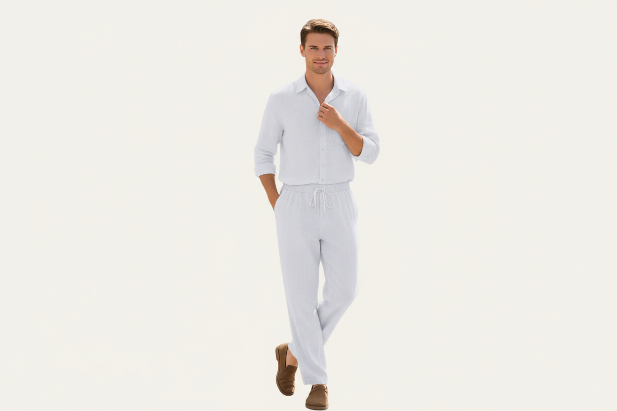 Herren Zweiteiler mit Langarmhemd und Hose mit strukturierter Oberfläche-Shirts for men-Alpenkind