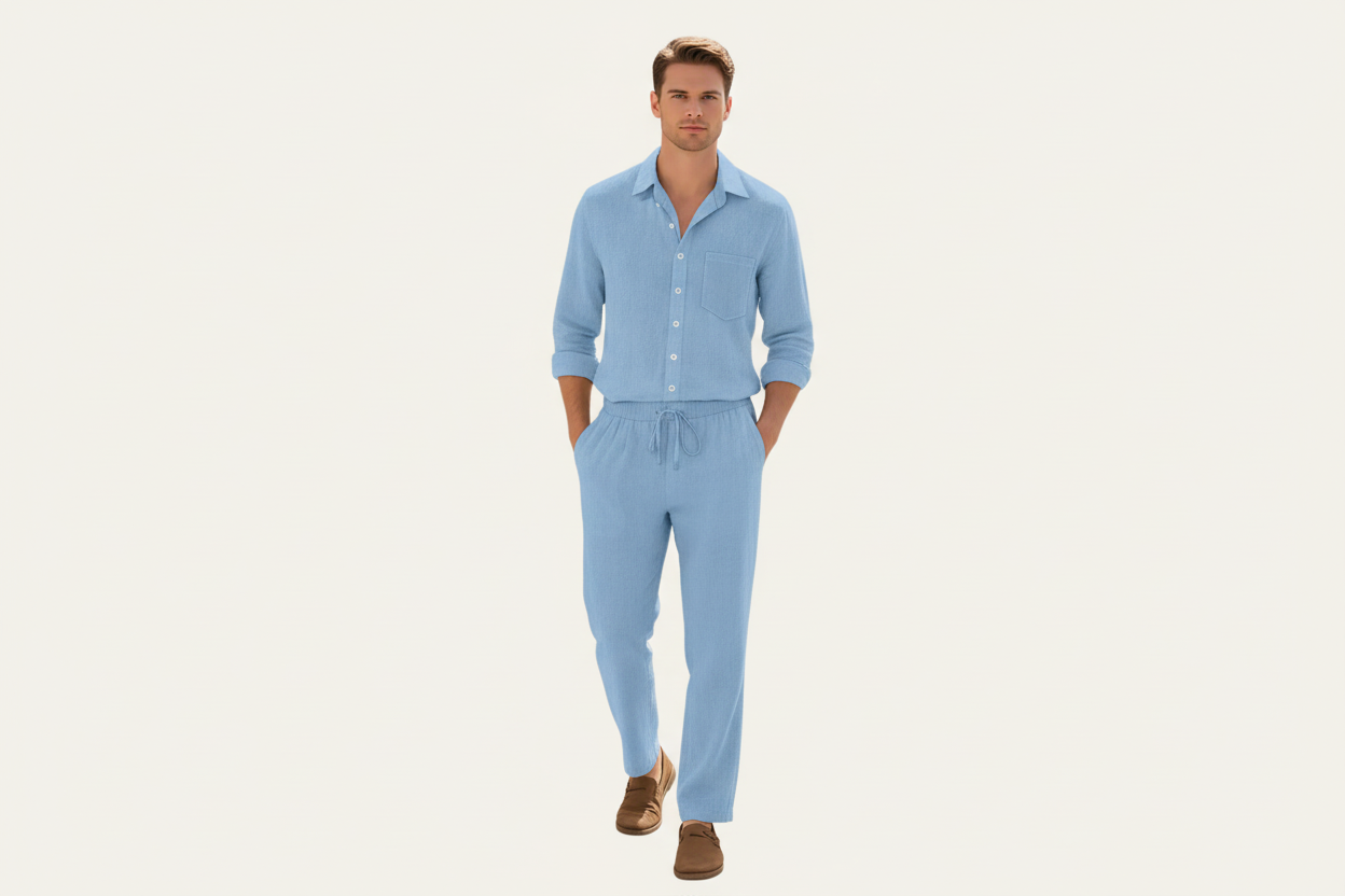 Herren Zweiteiler mit Langarmhemd und Hose mit strukturierter Oberfläche-Shirts for men-Alpenkind