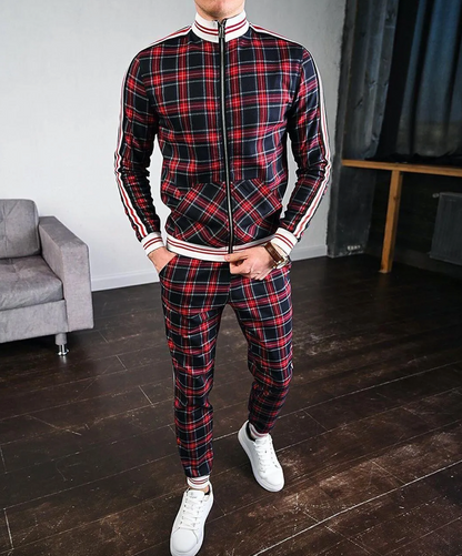 Herren Zweiteiler Set mit Stehkragenjacke und karierten Hosen-Shirts for men-Alpenkind