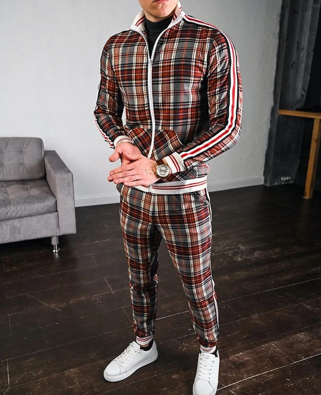 Herren Zweiteiler Set mit Stehkragenjacke und karierten Hosen-Shirts for men-Alpenkind