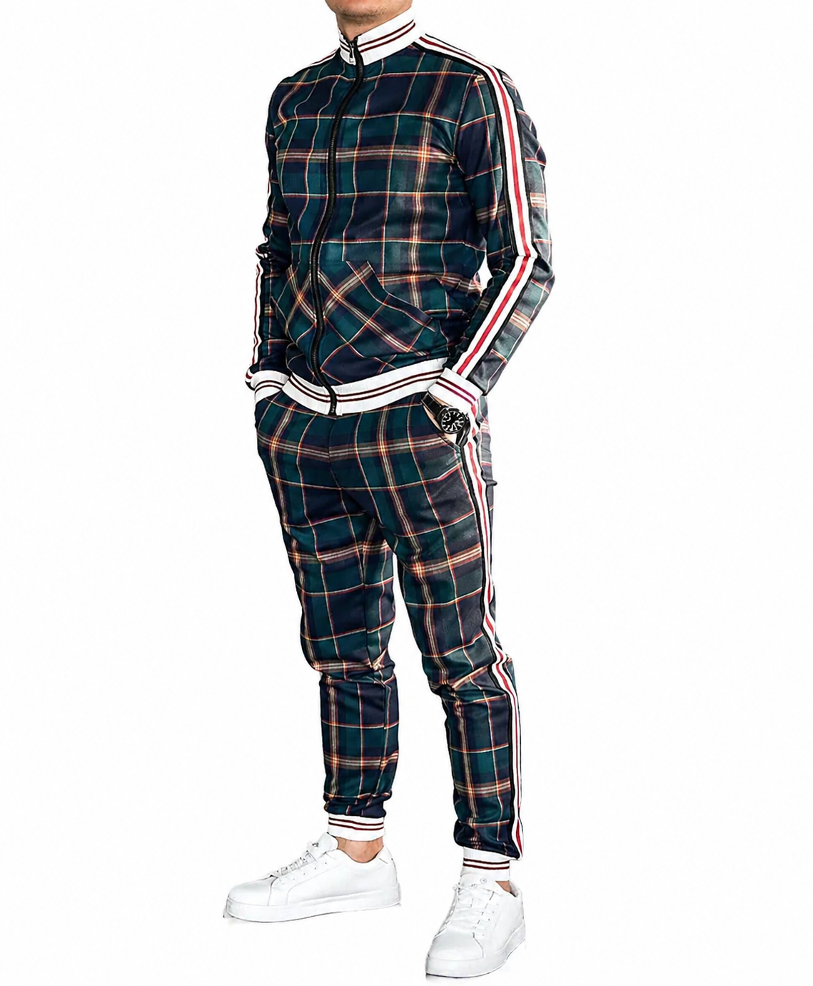 Herren Zweiteiler Set mit Stehkragenjacke und karierten Hosen-Shirts for men-Alpenkind