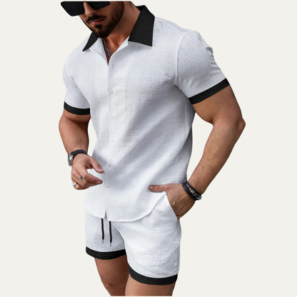 Herren zweiteiliges Set mit Kurzarmhemd mit Knopfleiste und Shorts mit elastischem Bund und Kordelzug-Shirts for men-Alpenkind