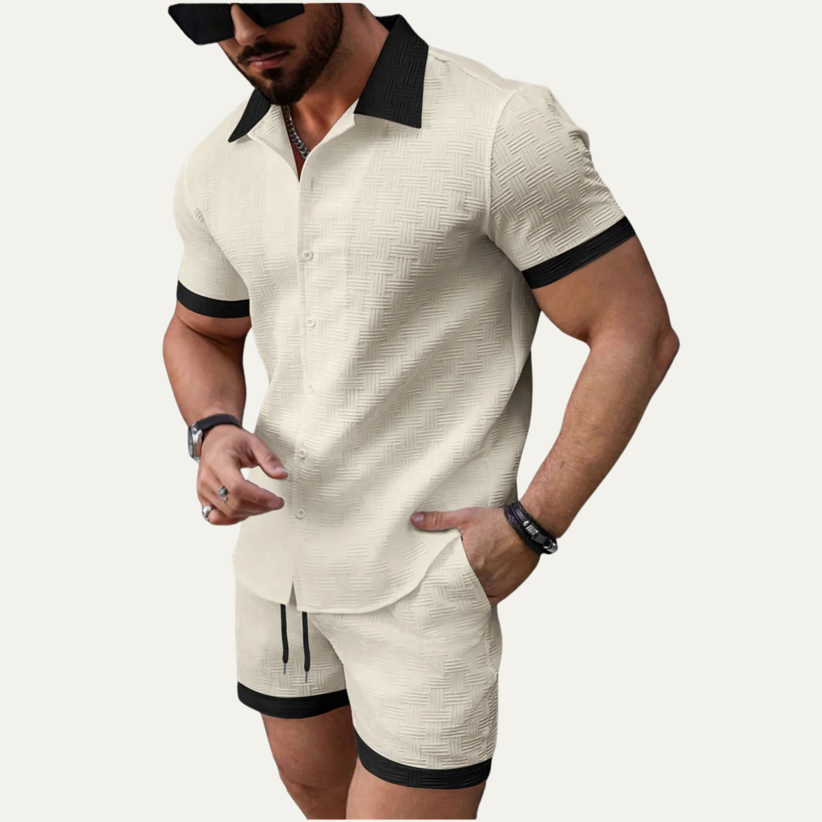Herren zweiteiliges Set mit Kurzarmhemd mit Knopfleiste und Shorts mit elastischem Bund und Kordelzug-Shirts for men-Alpenkind