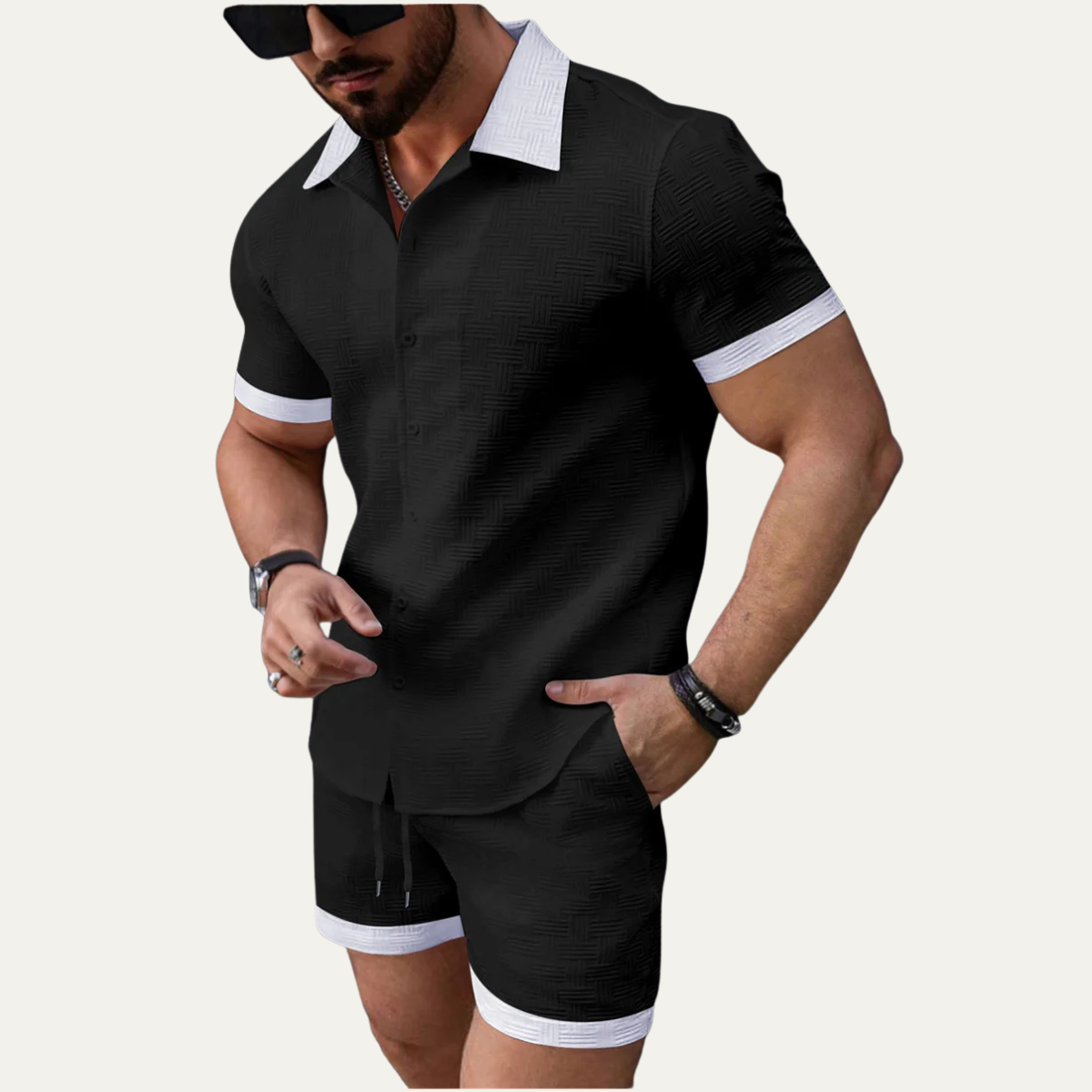 Herren zweiteiliges Set mit Kurzarmhemd mit Knopfleiste und Shorts mit elastischem Bund und Kordelzug-Shirts for men-Alpenkind