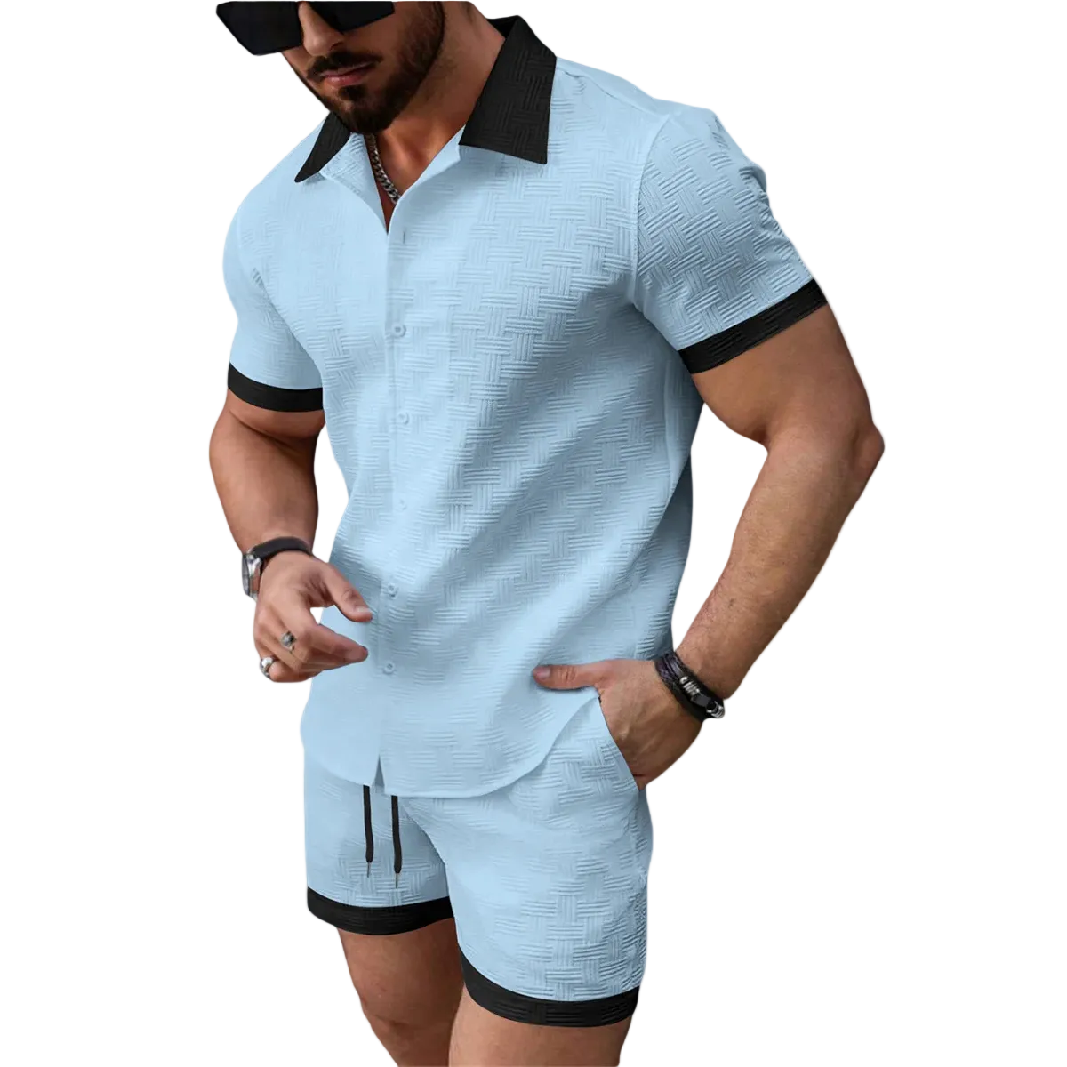 Herren zweiteiliges Set mit Kurzarmhemd mit Knopfleiste und Shorts mit elastischem Bund und Kordelzug-Shirts for men-Alpenkind