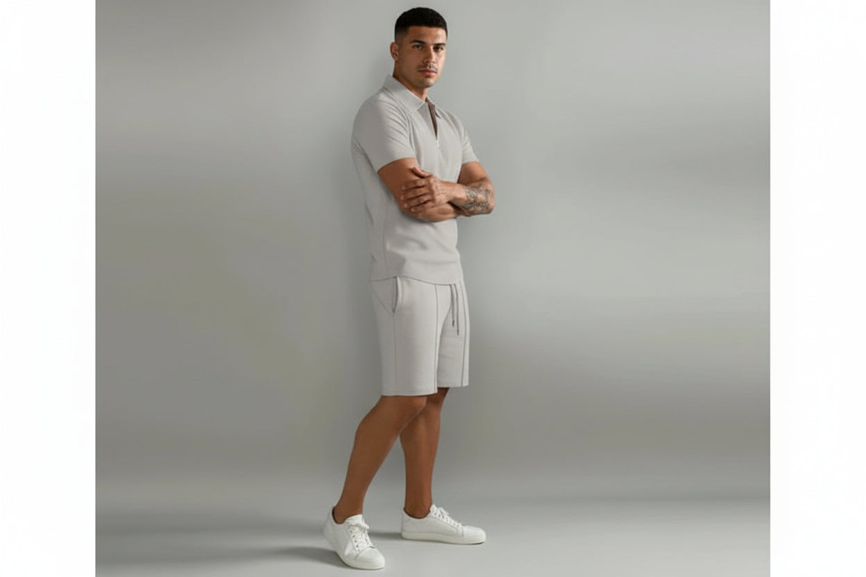 Herren Zweiteiliges Set Poloshirt mit Reißverschluss und kurze Hose-Shirts for men-Alpenkind