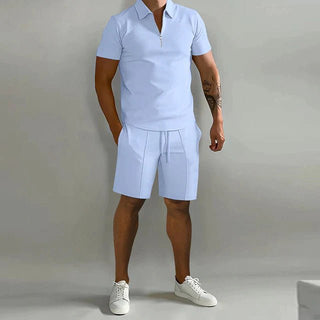 Herren Zweiteiliges Set Poloshirt mit Reißverschluss und kurze Hose-Shirts for men-Alpenkind