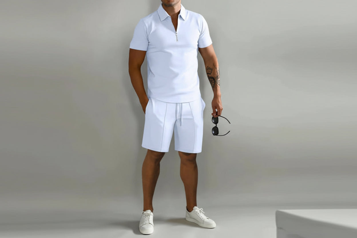 Herren Zweiteiliges Set Poloshirt mit Reißverschluss und kurze Hose-Shirts for men-Alpenkind