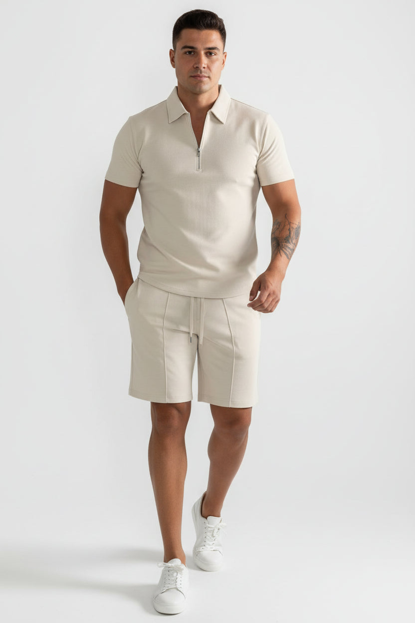 Herren Zweiteiliges Set Poloshirt mit Reißverschluss und kurze Hose-Shirts for men-Alpenkind