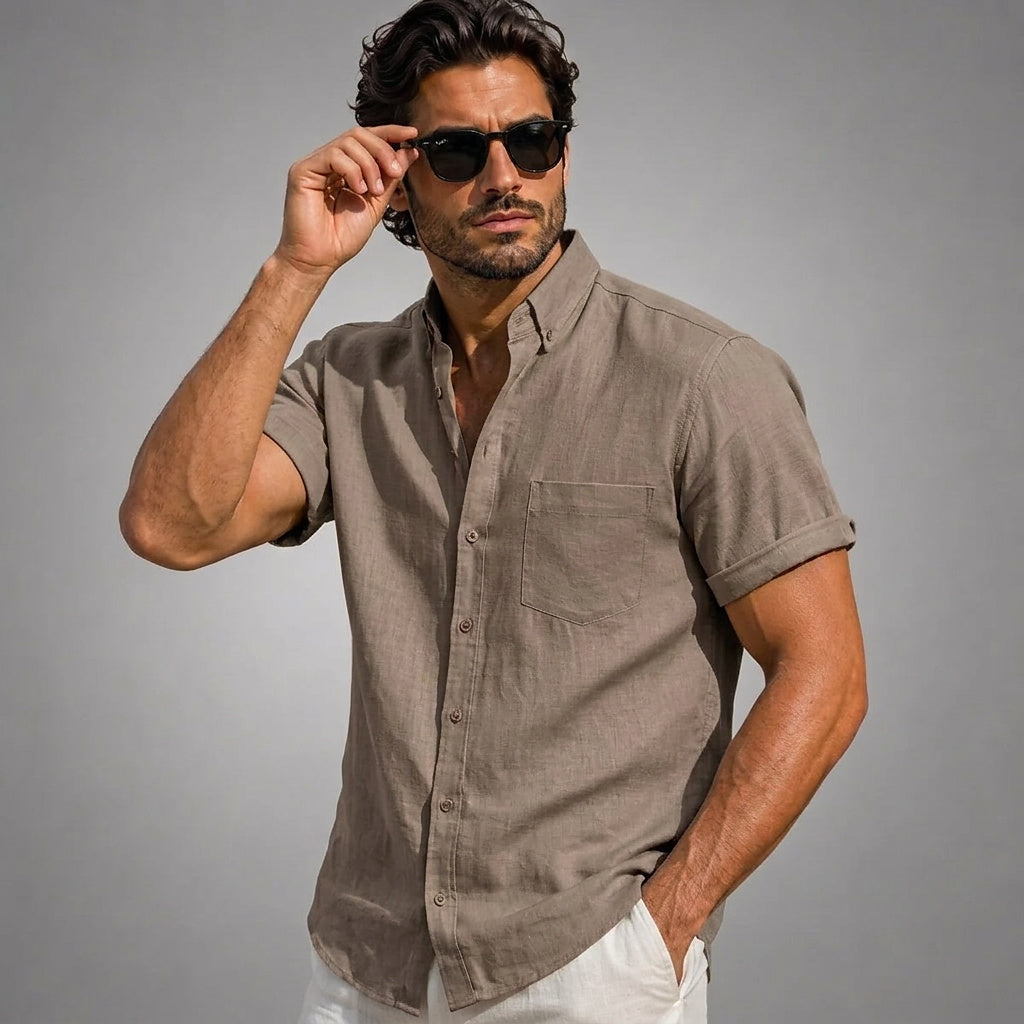 Herrenhemd mit Stehkragen und kurzen Ärmeln-Shirts for men-Alpenkind