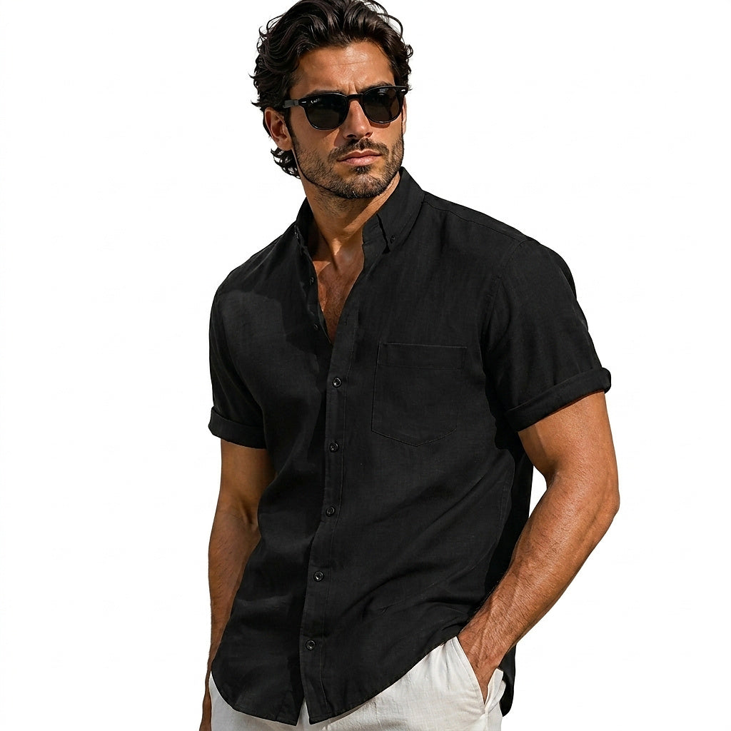 Herrenhemd mit Stehkragen und kurzen Ärmeln-Shirts for men-Alpenkind