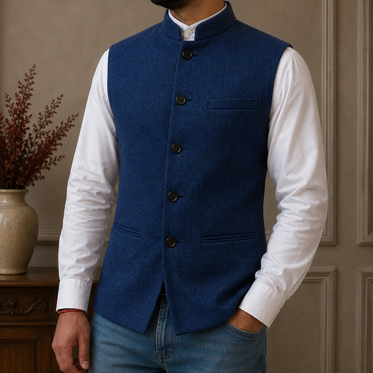 Herrenweste mit Fischgrätmuster und Stehkragen-Vests for men-Alpenkind