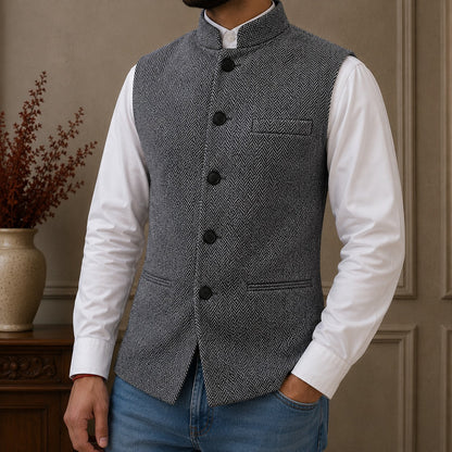 Herrenweste mit Fischgrätmuster und Stehkragen-Vests for men-Alpenkind