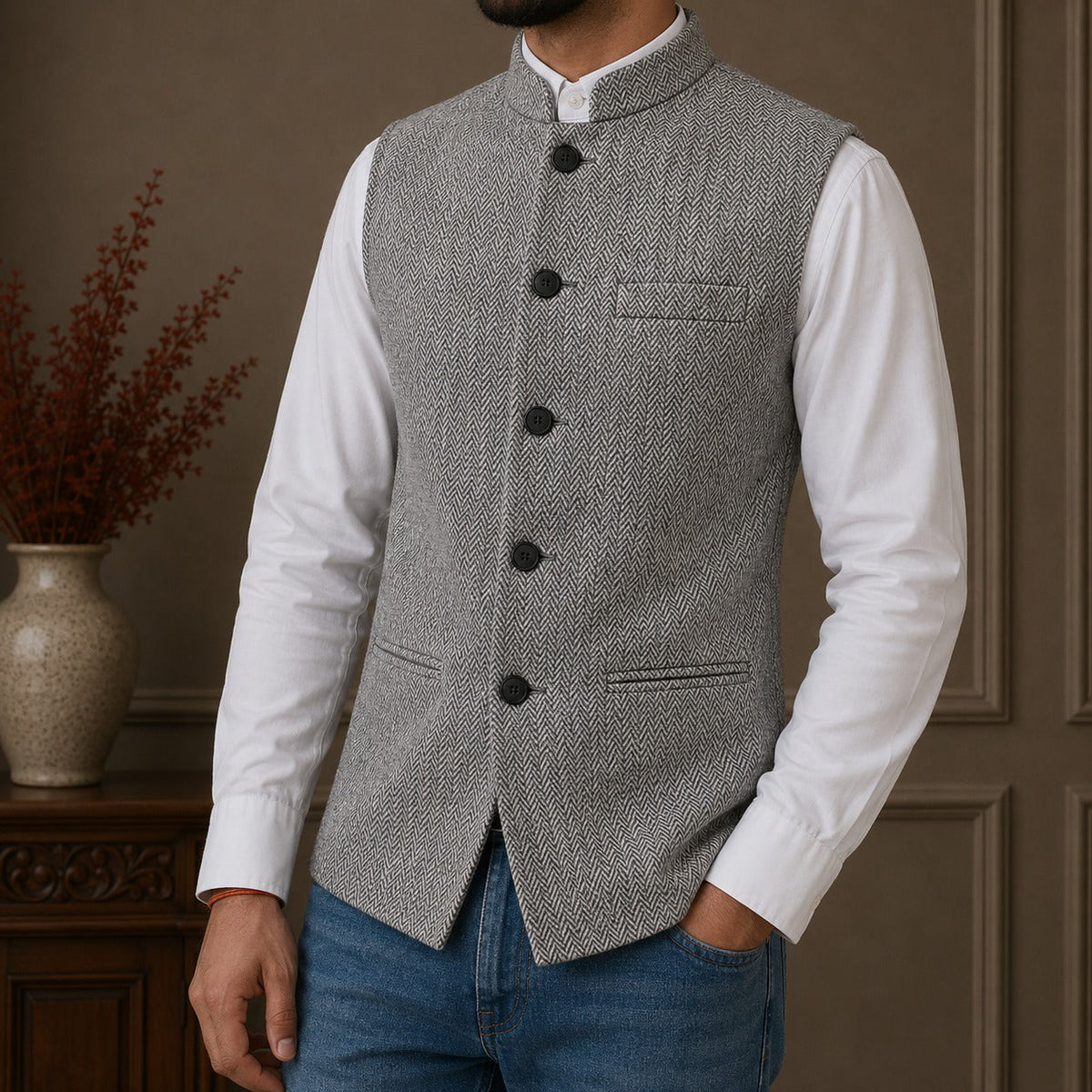 Herrenweste mit Fischgrätmuster und Stehkragen-Vests for men-Alpenkind
