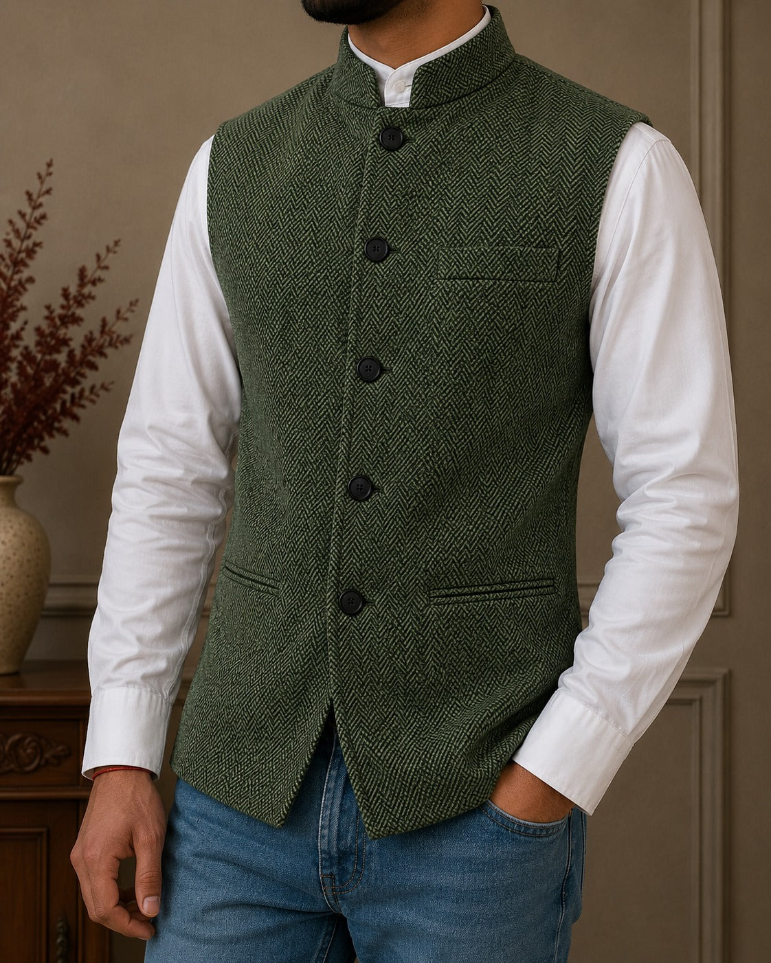 Herrenweste mit Fischgrätmuster und Stehkragen-Vests for men-Alpenkind